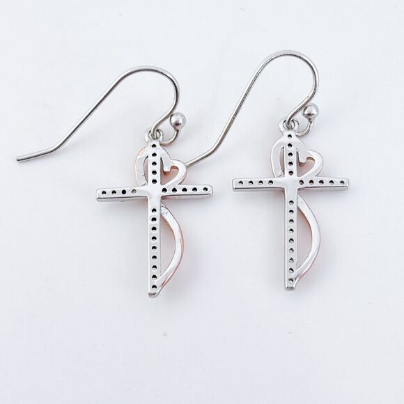 Vintage Sterling Silver Rose Gold Plated Cubic Zirconia Cross Dangle Earrings - Picture 4 of 6